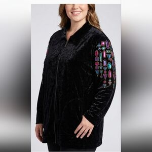 Bob Mackie๐ Black Velvet Zip-Front Jacket with Colorful Embroidered Sleeve